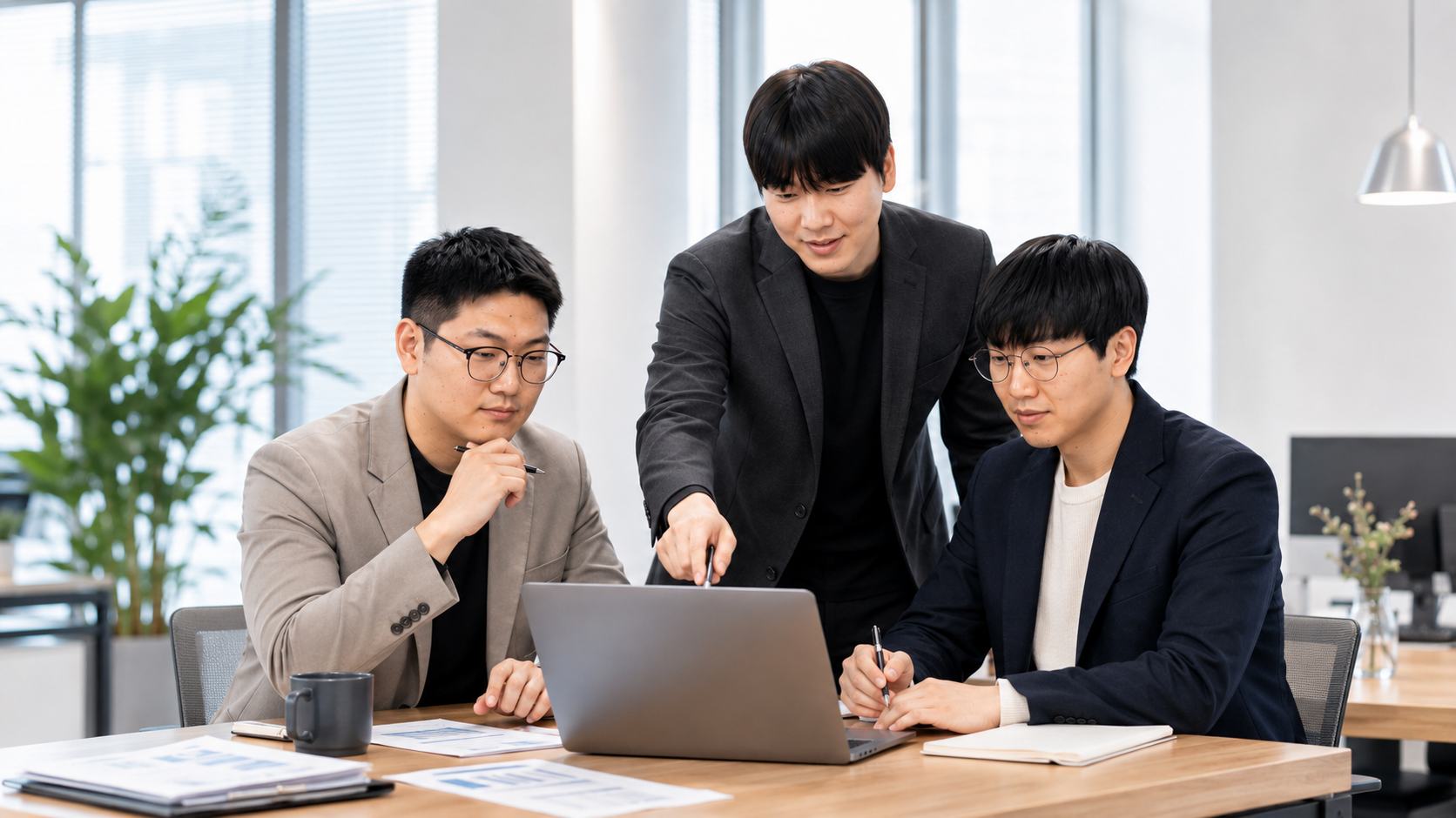 노트북을 들고 사무실을 방문해 업무를 분석하는 와이넥스 개발자